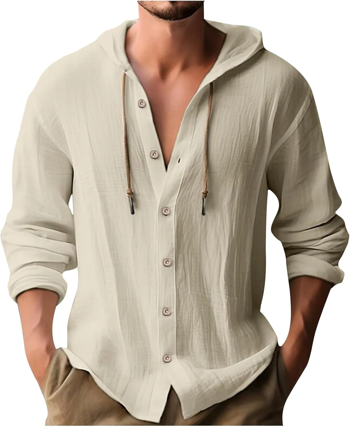 generic Mens Long Sleeve Linen Shirts Drawstring Hooded Sweatshirt Casual Fall Button Shirts Boys Trendy Streetwear Loose Fit