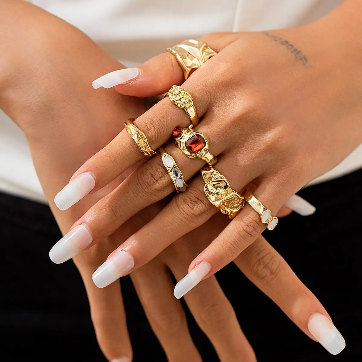 Geometric Ring Set for Women 7 Pieces Set Gold Retro Alloy Design Gemstone Ring Women Knuckle Joint Finger Knuckle Nail Ring Sets Cute Trendy Stuff Jewelry