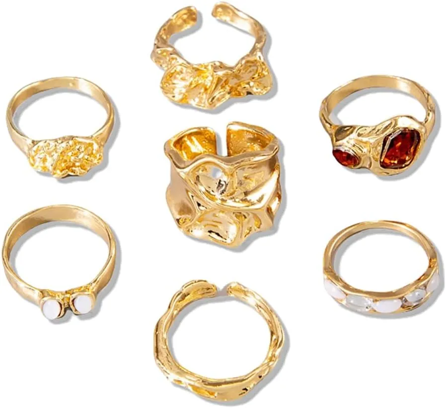 Geometric Ring Set for Women 7 Pieces Set Gold Retro Alloy Design Gemstone Ring Women Knuckle Joint Finger Knuckle Nail Ring Sets Cute Trendy Stuff Jewelry