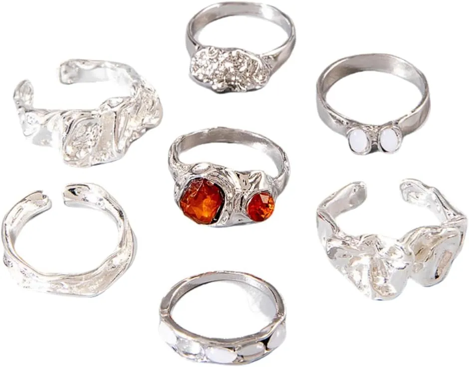 Geometric Ring Set for Women 7 Pieces Set Gold Retro Alloy Design Gemstone Ring Women Knuckle Joint Finger Knuckle Nail Ring Sets Cute Trendy Stuff Jewelry
