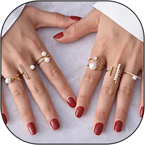 GIGB PBDK 7Pcs Stackable Zirconia Pearl Ring Set for Women,Sparkling Crystal White Beads Knuckle Rings,Adjustable Silver Geometric Rings Jewelry Gifts