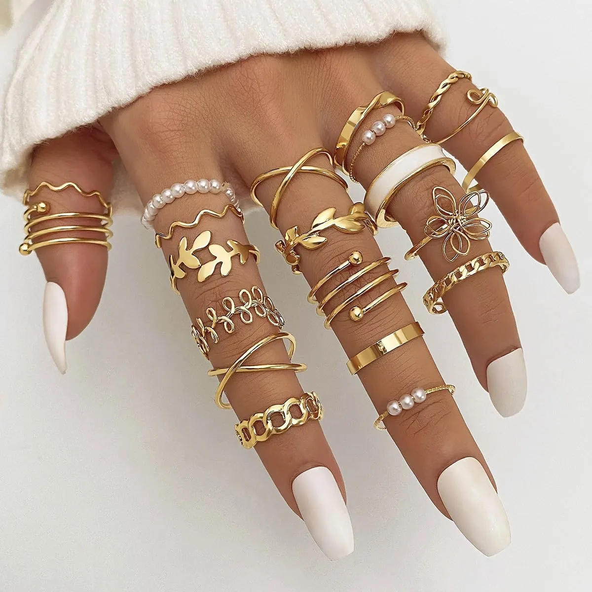 GIGB PBDK Gold Knuckle Rings Set for Women Boho Cross Eye Leaf Hug Stackable Rings Vintage Pearl Sun Moon Star Joint Finger Rings Aesthetic Statement Rings Dainty Jewelry Gifts