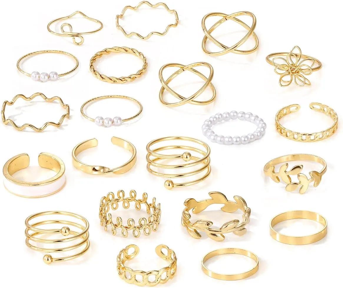 GIGB PBDK Gold Knuckle Rings Set for Women Boho Cross Eye Leaf Hug Stackable Rings Vintage Pearl Sun Moon Star Joint Finger Rings Aesthetic Statement Rings Dainty Jewelry Gifts