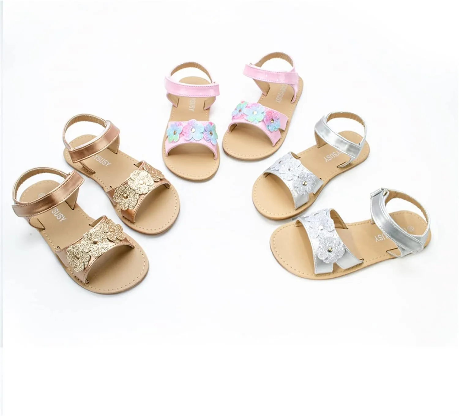 Girls Open Toe Flat Sandals with Cute Flower Breathable Open Toe Wedding Shoes for Kids Summer Indoor Outdoor