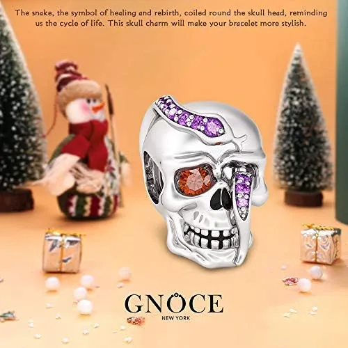 GNOCE Skull Charm Bracelet for Women 925 Sterling Silver Snake Chain Bracelet with Skull Charm Bead Basic Charm Bangle with Clasp