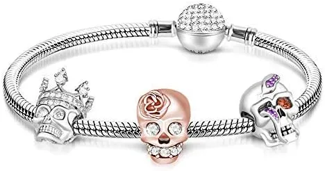 GNOCE Skull Charm Bracelet for Women 925 Sterling Silver Snake Chain Bracelet with Skull Charm Bead Basic Charm Bangle with Clasp
