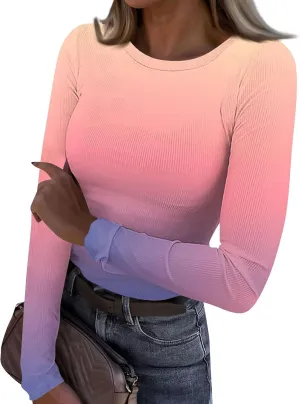 Going Out Tops for Women Fall Long Sleeve Lightweight Tops Ribbed Crew Neck Shirts Winter Trendy Travel Clothes