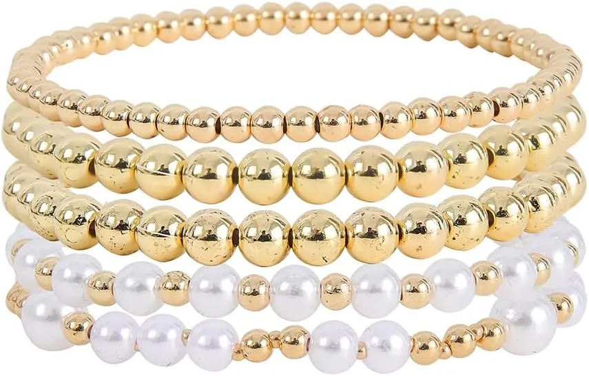 Gold Beaded Bracelets for Women Baroque Pearl Stackable 14K Gold Plated Stretch Bead Ball Bracelet Set Gold Jewelry for Women Gifts