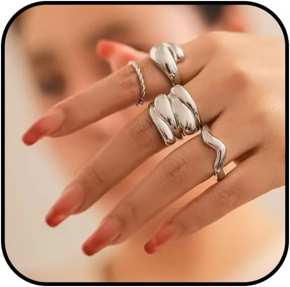 Gold Chunky Rings for Women 4PCS Non Tarnish Ring Set Stackable Thin Rings Thick Statement Knuckle Rings Wide Metal Round Band Rings Set Exaggerated Simple Jewelry