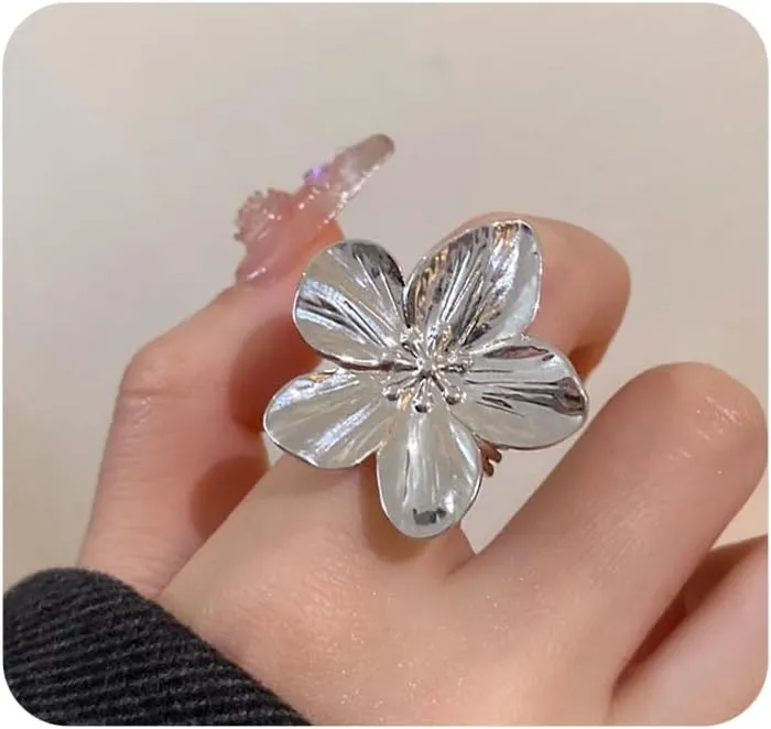 Gold Flower Statement Rings for Women,Adjustable Silver Floral Open Ring Unique Chunky Non Tarnish Thumb Ring,Boho Petal Jewelry Accessories Gifts