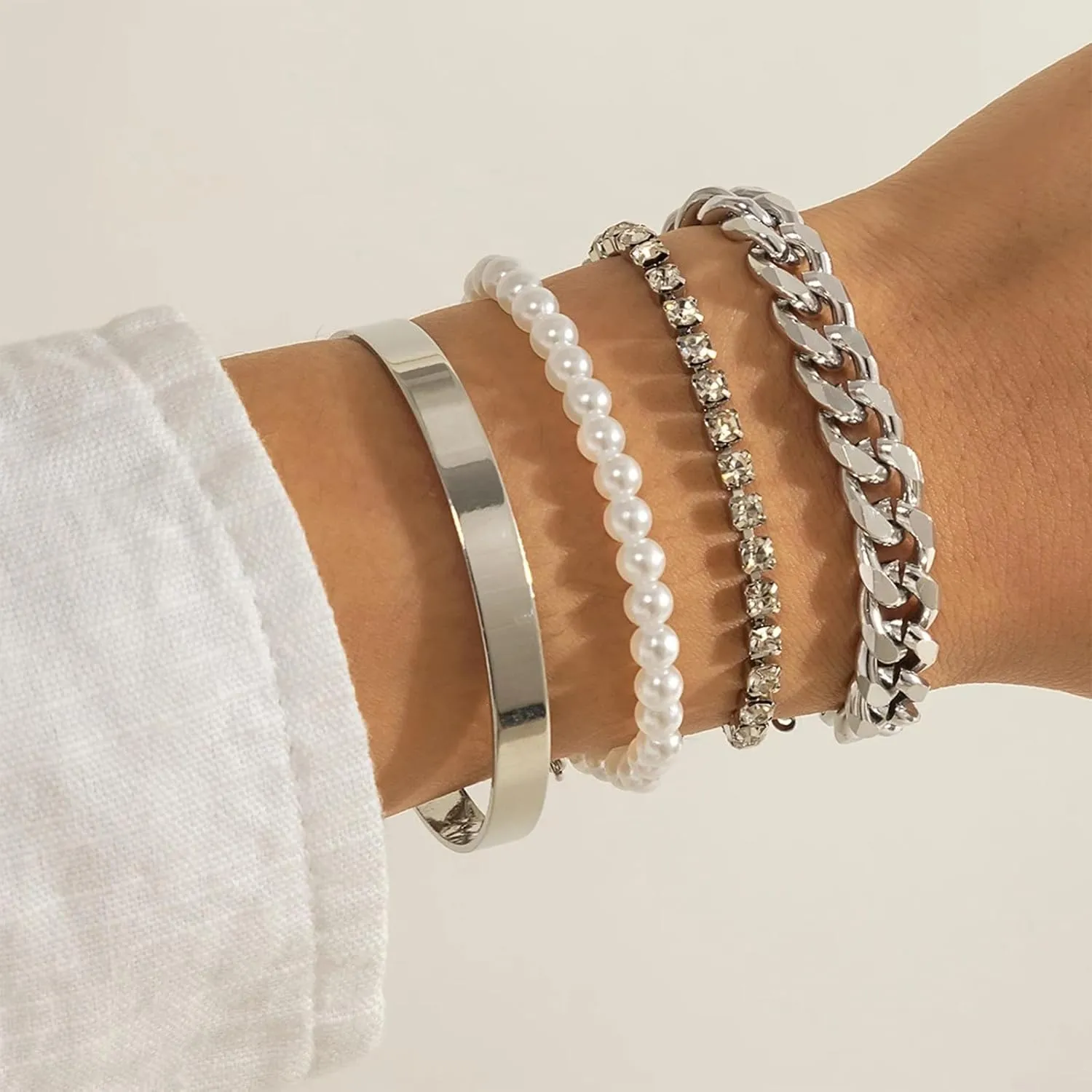Gold Pearl Bracelets for Women Dainty 14K Gold Plated Stack Set Trendy Stackable Non Tarnish Cuban Link Chain Bracelets Jewelry Sets Gifts for Womem