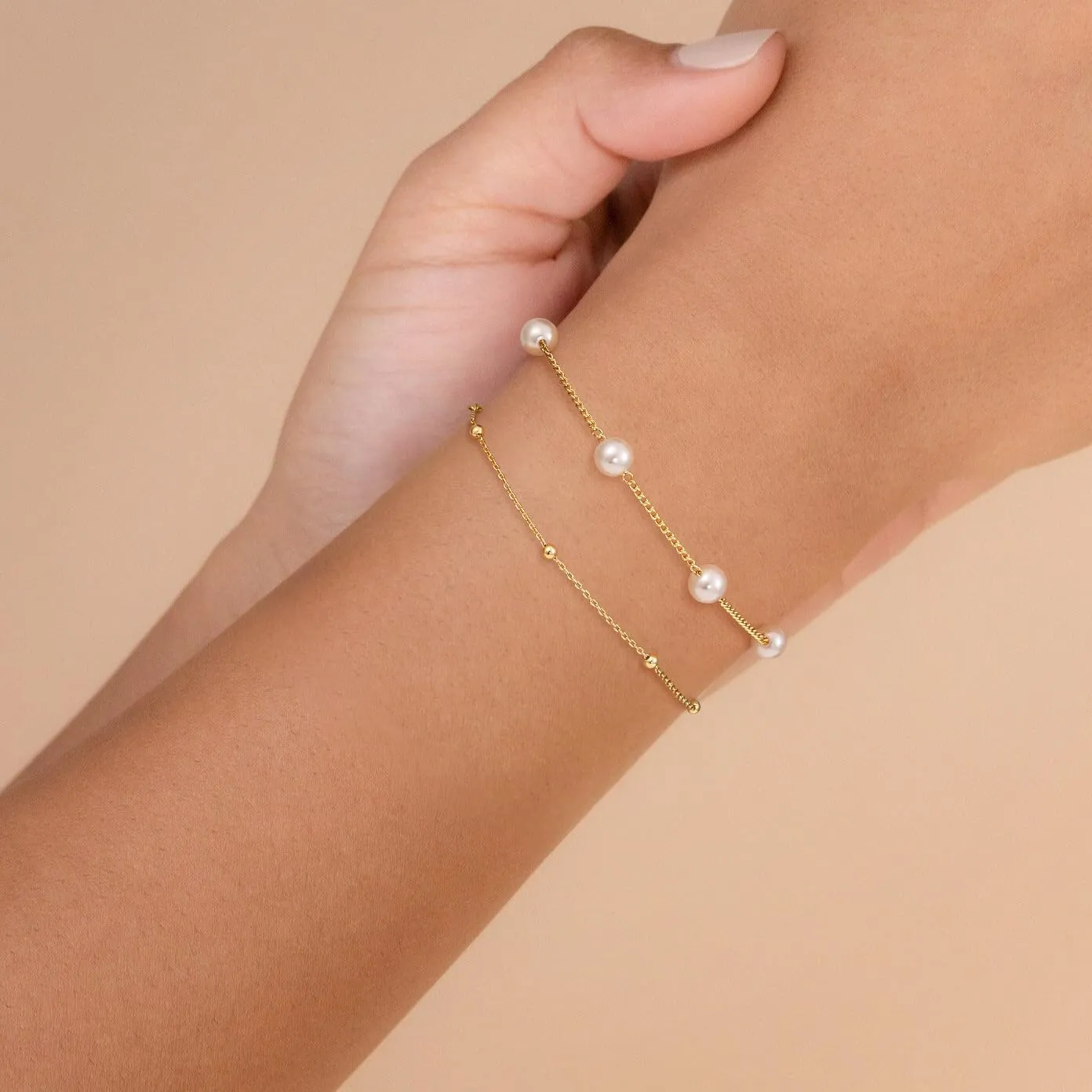 Gold Pearl Bracelets for Women,14K Gold Plated Bracelets Dainty Pearls Beaded Link Chain Charm Bracelets Set Layered Non Tarnish Tiny Jewelry for Women