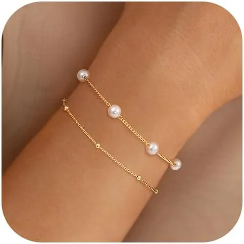 Gold Pearl Bracelets for Women,14K Gold Plated Bracelets Dainty Pearls Beaded Link Chain Charm Bracelets Set Layered Non Tarnish Tiny Jewelry for Women