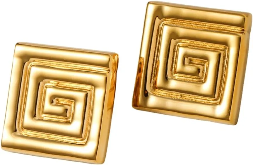 Gold Plated Stainless Steel Geometric Square Spiral Stud Earrings, Minimalist Design