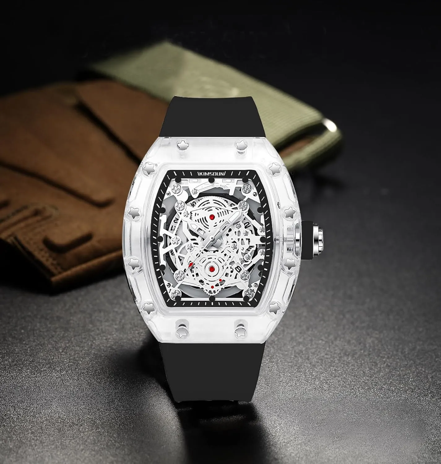 Gosasa Fashion Hollowed Men Watches Tonneau Transparent Analog Display Silicone Strap Calendar Quartz Waterproof Trend Male Wrist Watch