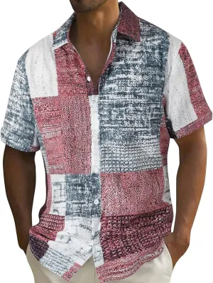 Graphic Button Down Shirts for Men Casual Vintage Patchwork Print Short Sleeve Tropical Summer Hawaiian Beach Shirts
