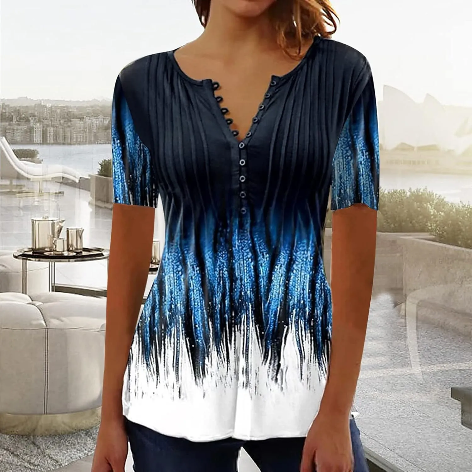 Graphic Tees for Women 2024 Trendy Short Sleeve Empire Waist Button Shirts Summer Casual Floral Print Bohemian Blouse
