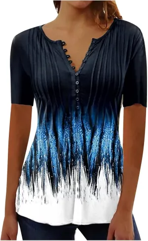 Graphic Tees for Women 2024 Trendy Short Sleeve Empire Waist Button Shirts Summer Casual Floral Print Bohemian Blouse
