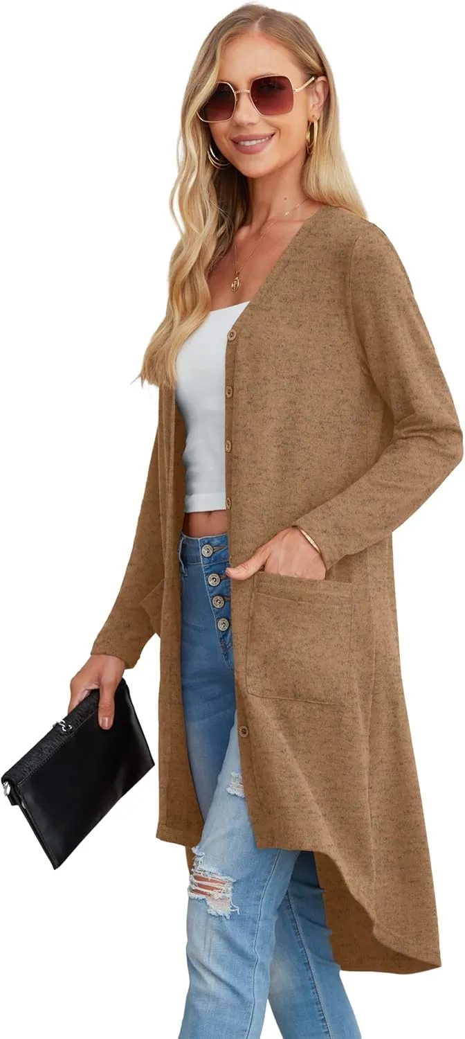 GRECERELLE Womens Cardigans Lightweight 2025 Long Sleeve Button Down Duster Casual Long Cardigan Outerwear with Pockets