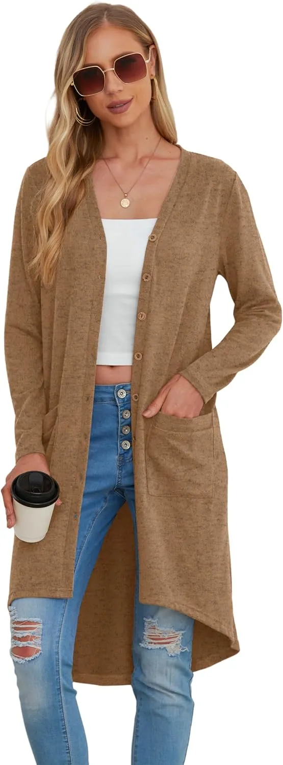 GRECERELLE Womens Cardigans Lightweight 2025 Long Sleeve Button Down Duster Casual Long Cardigan Outerwear with Pockets