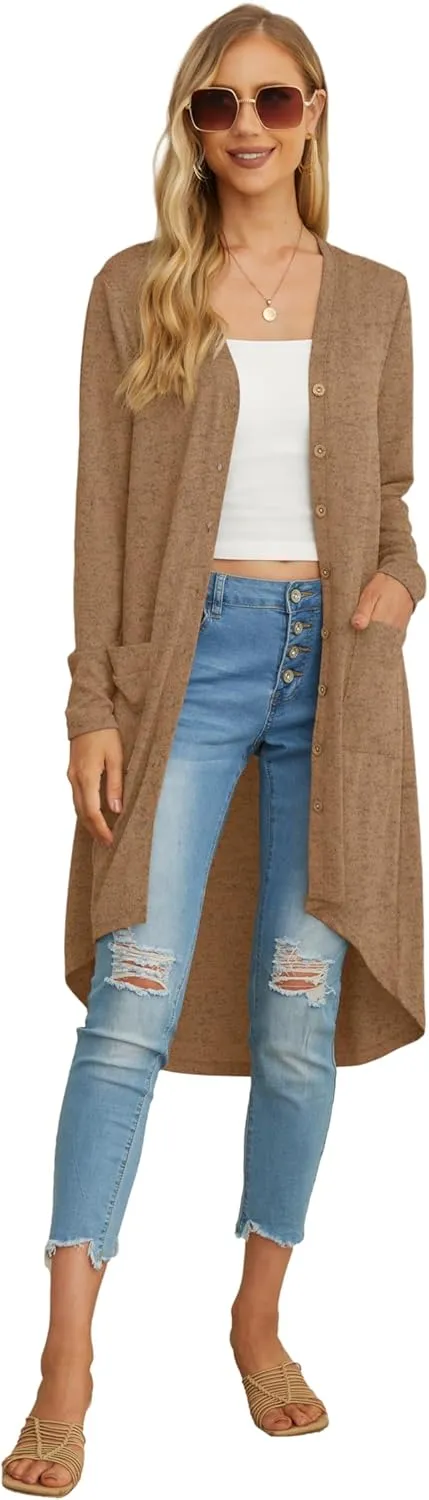 GRECERELLE Womens Cardigans Lightweight 2025 Long Sleeve Button Down Duster Casual Long Cardigan Outerwear with Pockets