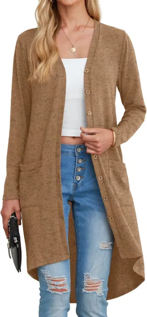 GRECERELLE Womens Cardigans Lightweight 2025 Long Sleeve Button Down Duster Casual Long Cardigan Outerwear with Pockets