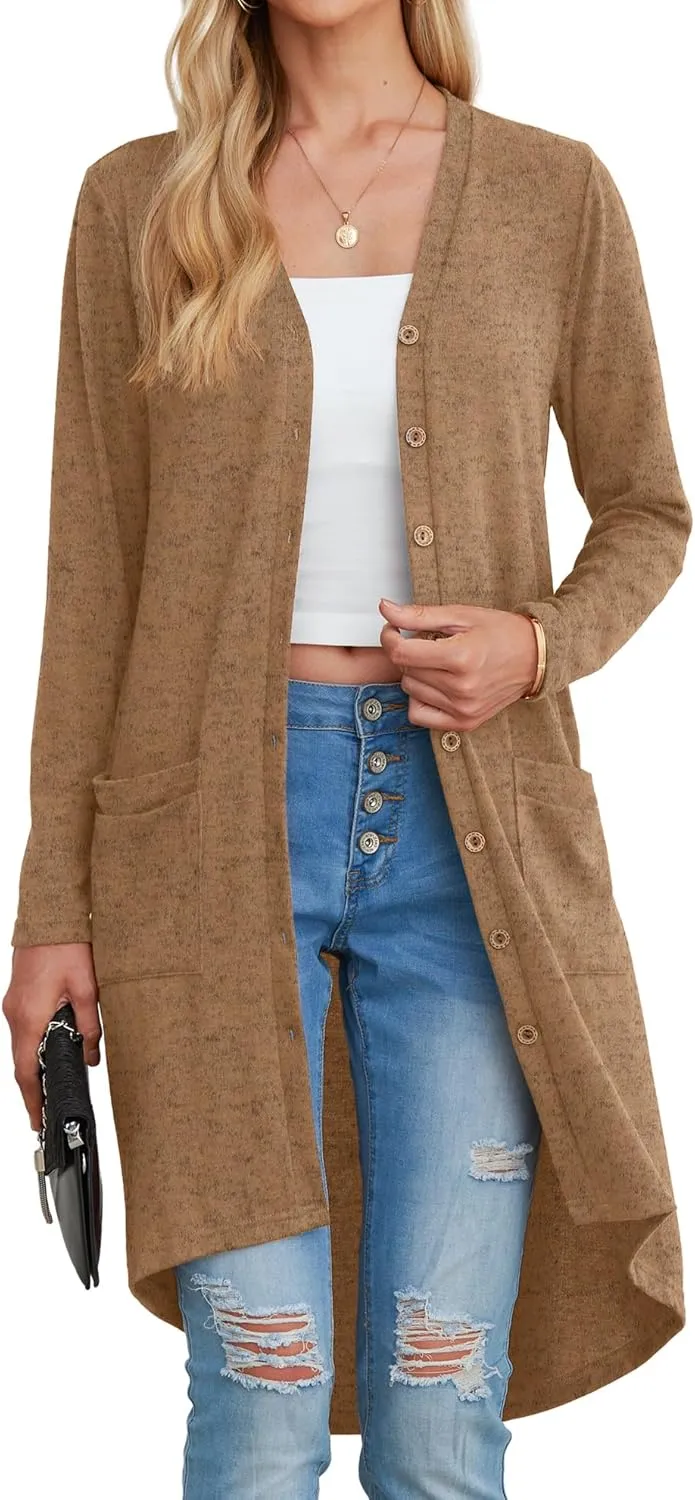GRECERELLE Womens Cardigans Lightweight 2025 Long Sleeve Button Down Duster Casual Long Cardigan Outerwear with Pockets