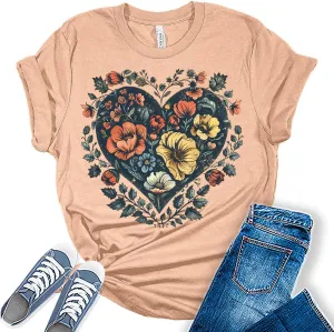 GyftWear Boho Heart Shirt Vintage Summer Floral Trendy Cute Plus Size Graphic Tees for Women