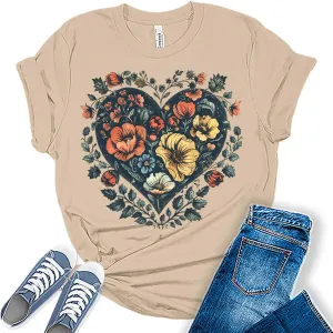 GyftWear Boho Heart Shirt Vintage Summer Floral Trendy Cute Plus Size Graphic Tees for Women