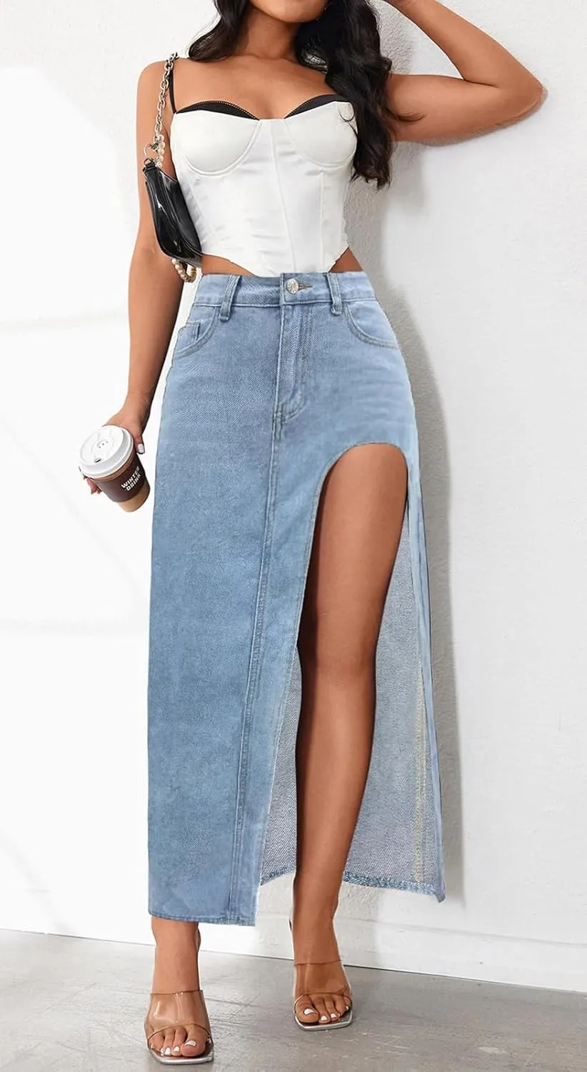 Hacikis Womens Split Thigh Denim Maxi Skirts High Waisted Casual Zip Up Long Jean Skirt with Pockets