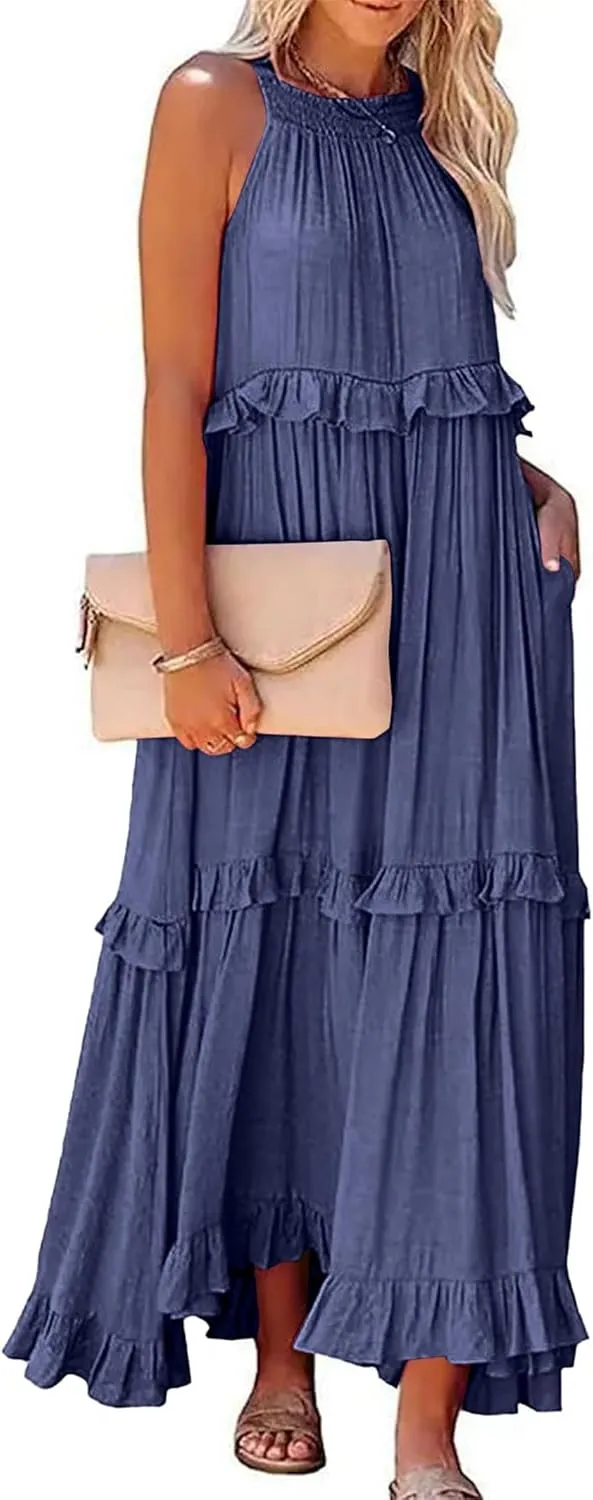 Halter Sundresses for Women Tie Back Loose Fit Ruffle Tiered Maxi Dress Flowy Summer Beach Swing Long Sundress