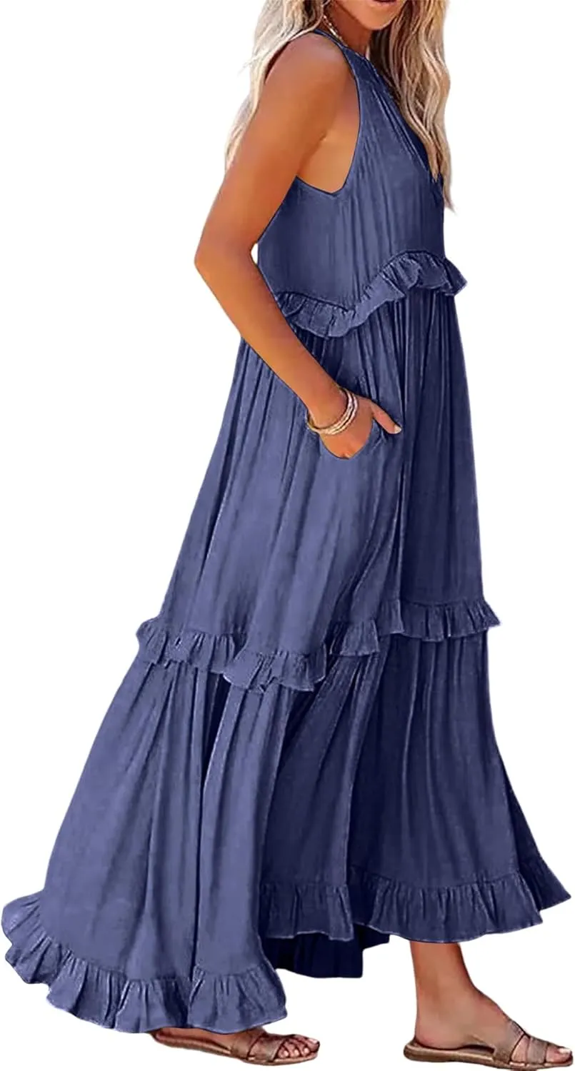 Halter Sundresses for Women Tie Back Loose Fit Ruffle Tiered Maxi Dress Flowy Summer Beach Swing Long Sundress