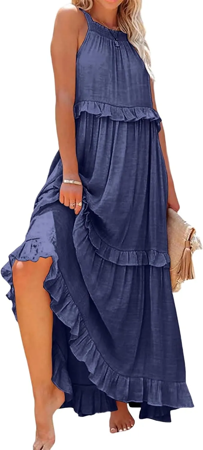 Halter Sundresses for Women Tie Back Loose Fit Ruffle Tiered Maxi Dress Flowy Summer Beach Swing Long Sundress