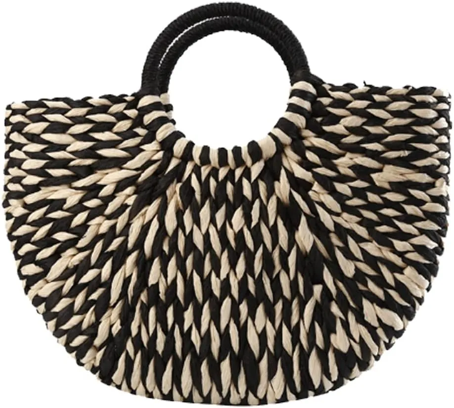Handbags for Women Straw Bag Women Hand-Woven Hollow Handbag Moon Shape Rattan Bag Big Capacity Drawstring Handbag Casual Travel Beach Bag