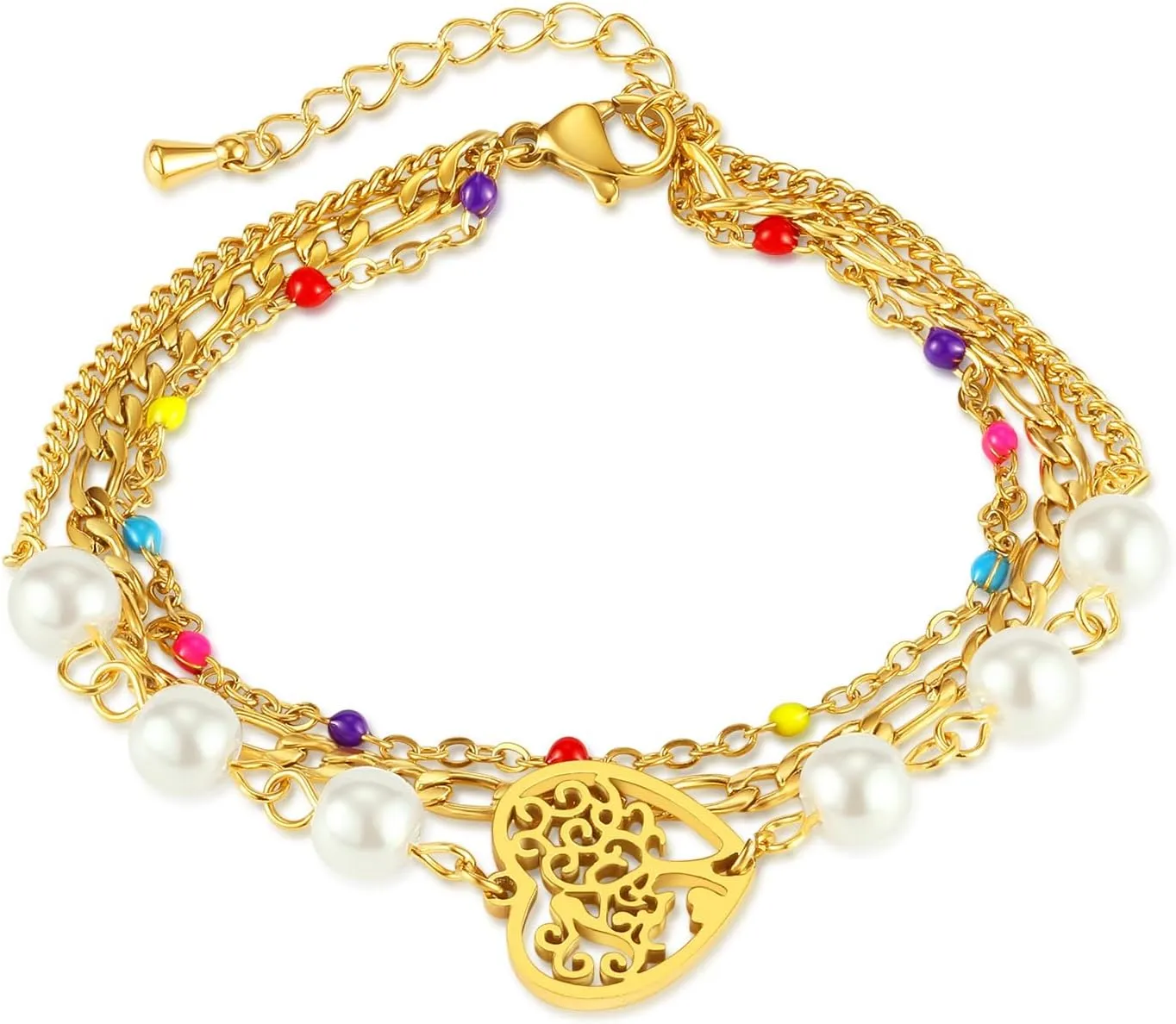 Handmade Beaded Bracelet, Suitable for Both Men and Women, Double layered Colored Stone Life Tree Bracelet, Stainless Steel Hollow Heart Pearl Colored Bracelet (Gold) A