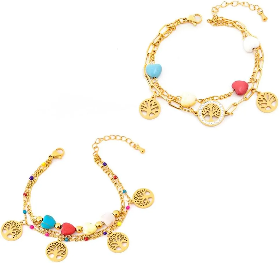 Handmade Beaded Bracelet, Suitable for Both Men and Women, Double layered Colored Stone Life Tree Bracelet, Stainless Steel Hollow Heart Pearl Colored Bracelet (Gold)