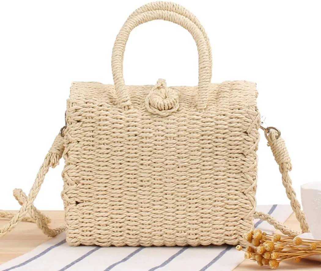 Handmade Straw Summer Tote Bag Fashionista Beach Wicker Handbag Lightweight Vacation Rattan Bag Women
