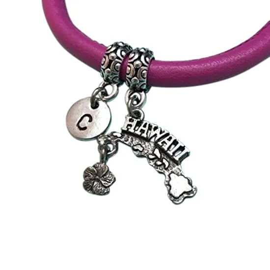Hawaii leather bracelet, Hawaii charm bracelet, leather bangle, charm bangle, personalized bracelet, initial bracelet, monogram