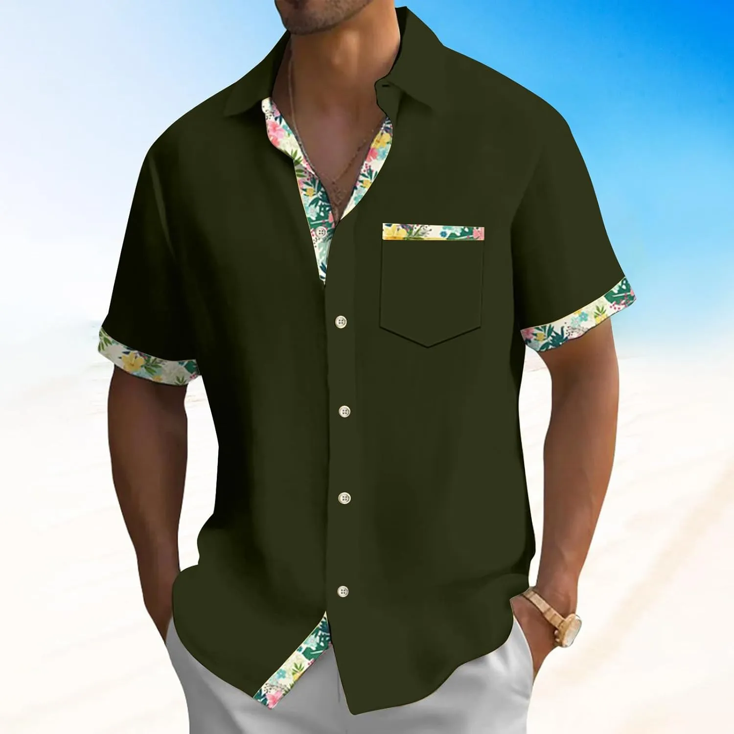 Hawaiian Shirt for Men Button Down Short Sleeve Blouse Stretch V Neck Blouses Summer Beach Aloha Shirts with Pocket