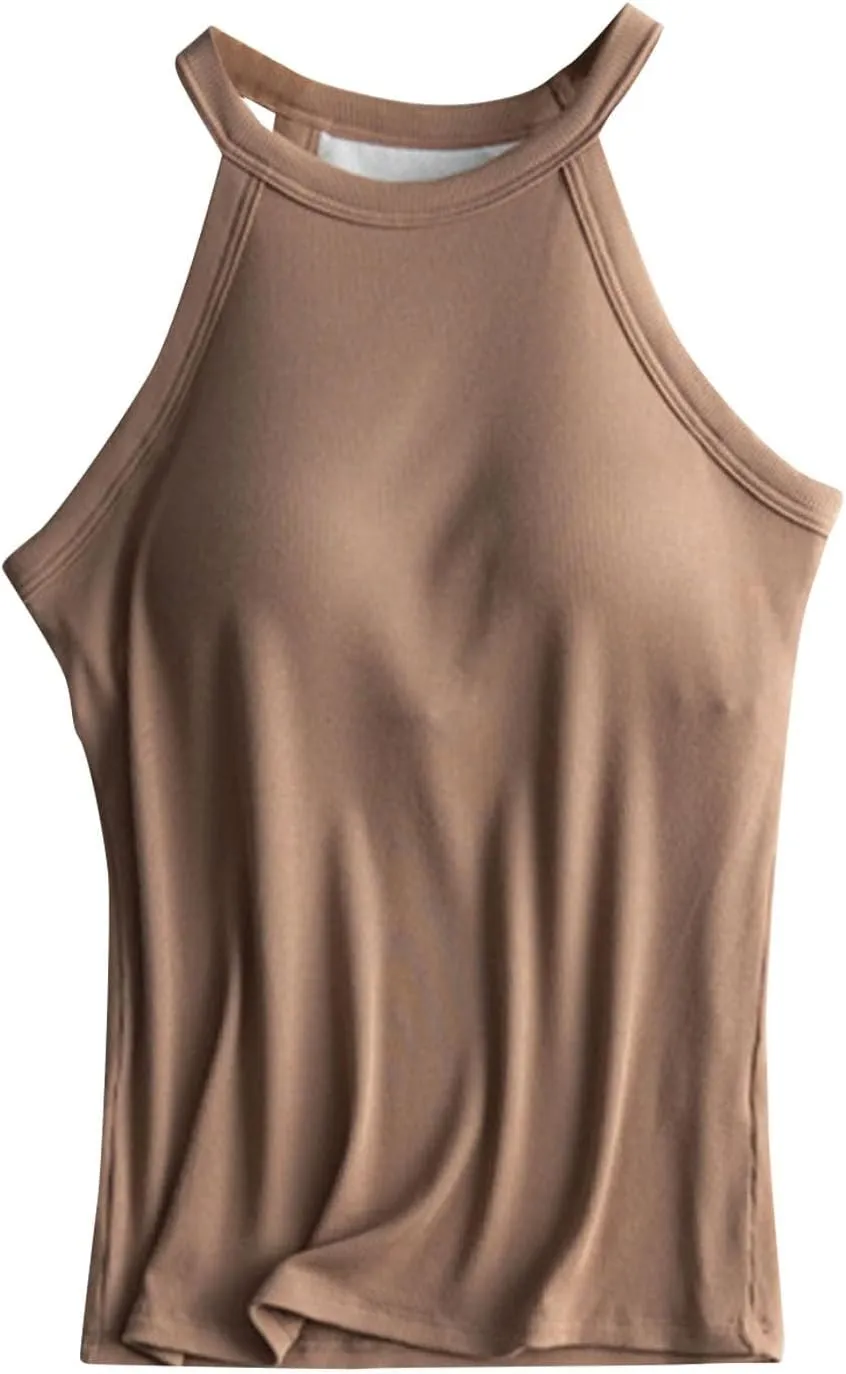 Heevina Halter Tank Tops with Built in Bras for Women Vest Shelf Bra Camisole Spaghetti Strap Cami Undershirts