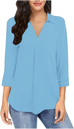 HGps8w 3/4 Length Sleeve Tops for Women Dressy Casual Lapel Collar V Neck Tunic Blouse Solid Loose Comfy Tee Shirts