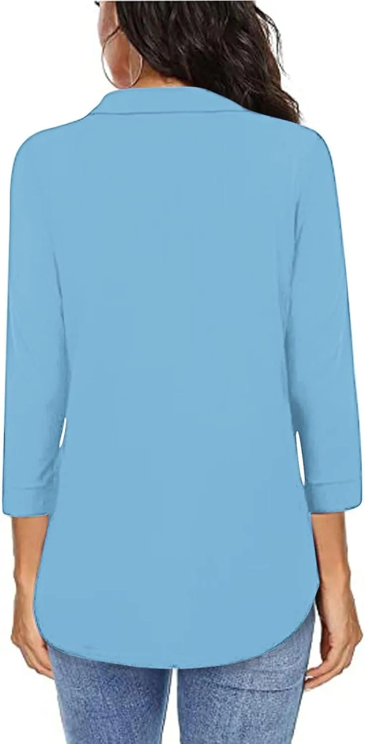 HGps8w 3/4 Length Sleeve Tops for Women Dressy Casual Lapel Collar V Neck Tunic Blouse Solid Loose Comfy Tee Shirts