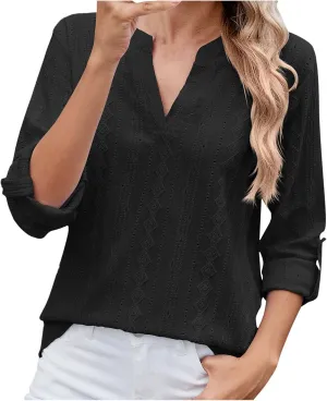 HGps8w 3/4 Sleeve Eyelet T-Shirts for Women Dressy Casual Solid V Neck Office Tops Loose Business Work Tunic Blouse