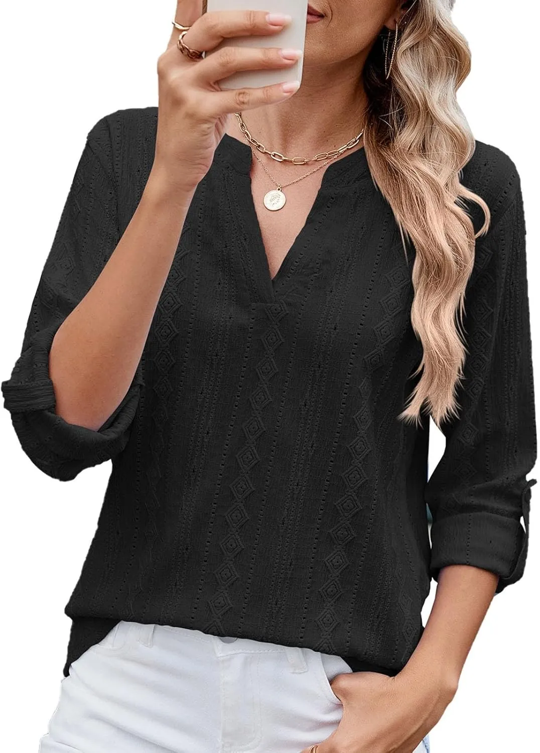 HGps8w 3/4 Sleeve Eyelet T-Shirts for Women Dressy Casual Solid V Neck Office Tops Loose Business Work Tunic Blouse