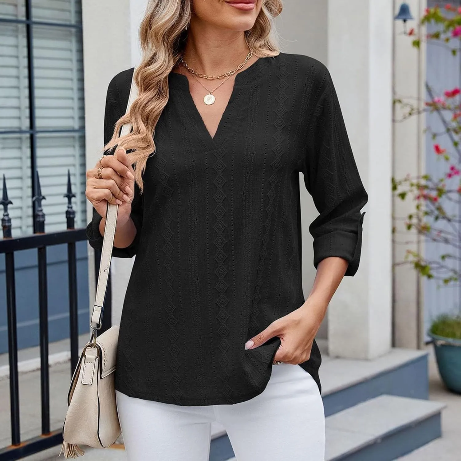 HGps8w 3/4 Sleeve Eyelet T-Shirts for Women Dressy Casual Solid V Neck Office Tops Loose Business Work Tunic Blouse