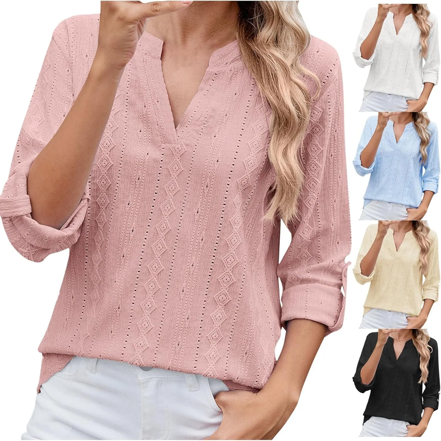 HGps8w 3/4 Sleeve Eyelet T-Shirts for Women Dressy Casual Solid V Neck Office Tops Loose Business Work Tunic Blouse