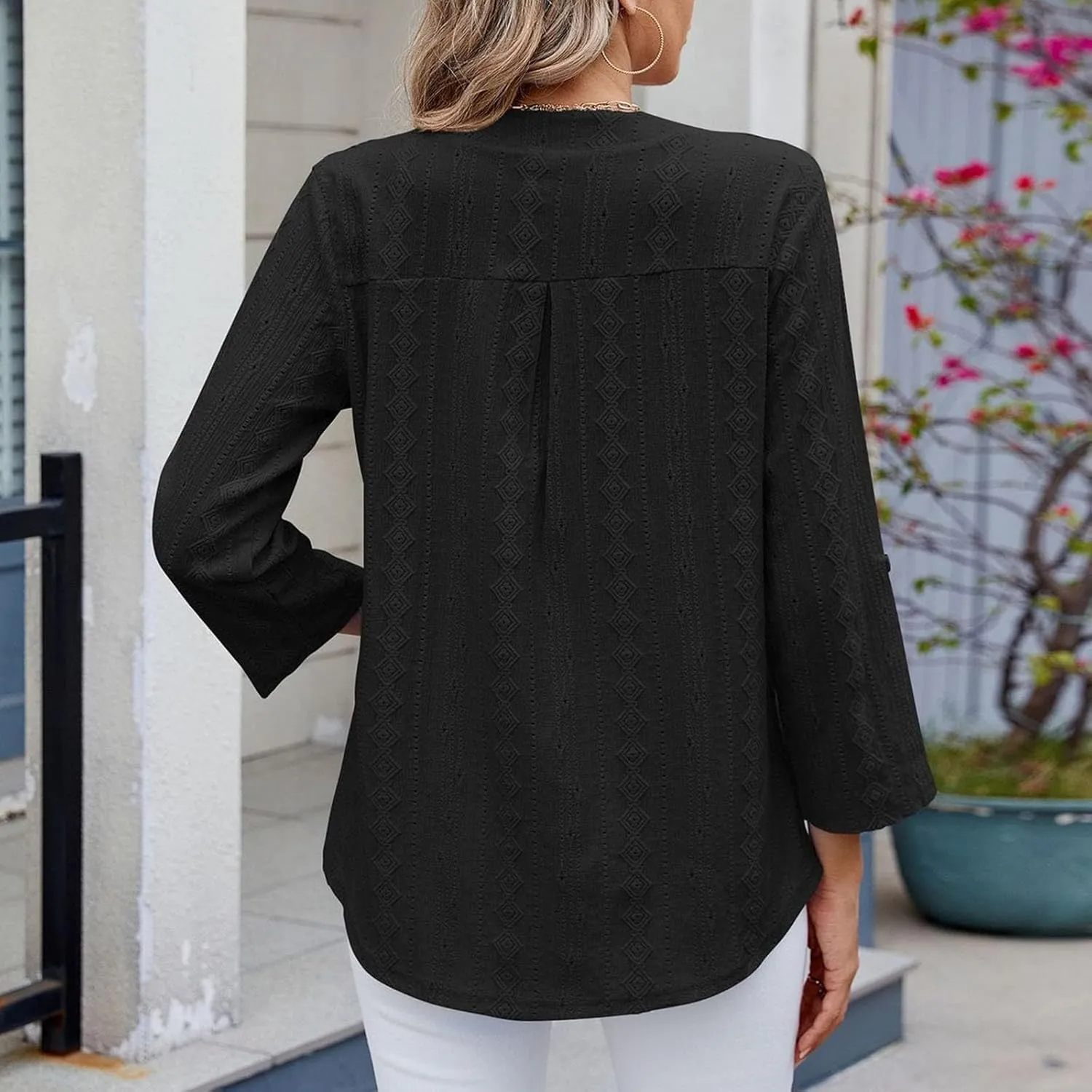 HGps8w 3/4 Sleeve Eyelet T-Shirts for Women Dressy Casual Solid V Neck Office Tops Loose Business Work Tunic Blouse