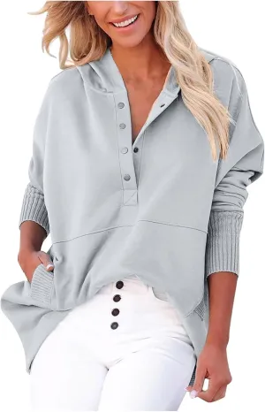 HGps8w Women's Half Button Oversized Hoodies, Casual Long Sleeve Loose Pullover Hooded Sweatshirt Trendy Tunic Blouses