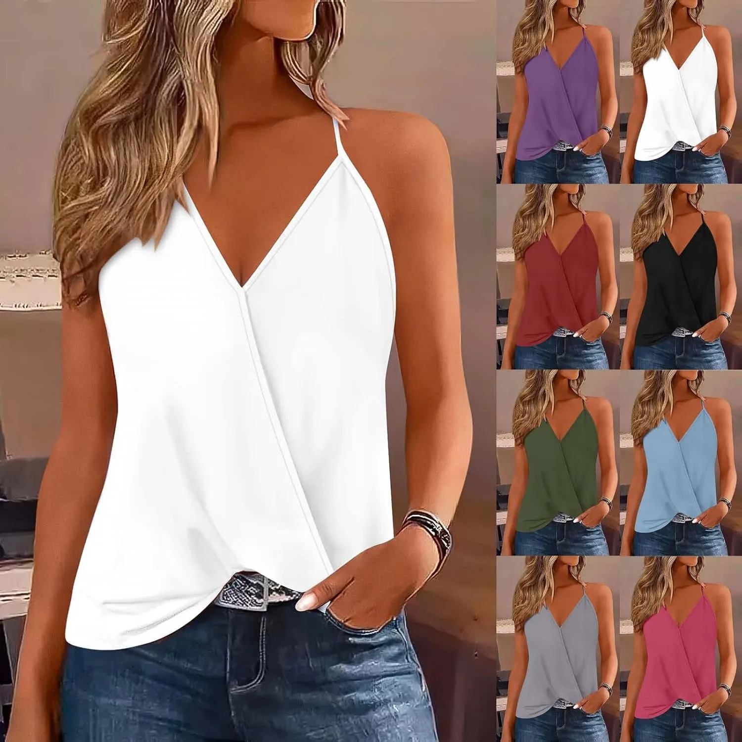 HGps8w Women's Loose Wrap Camisole Sexy 2025 Summer V Neck Spaghetti Straps Casual Sleeveless Tank Tops