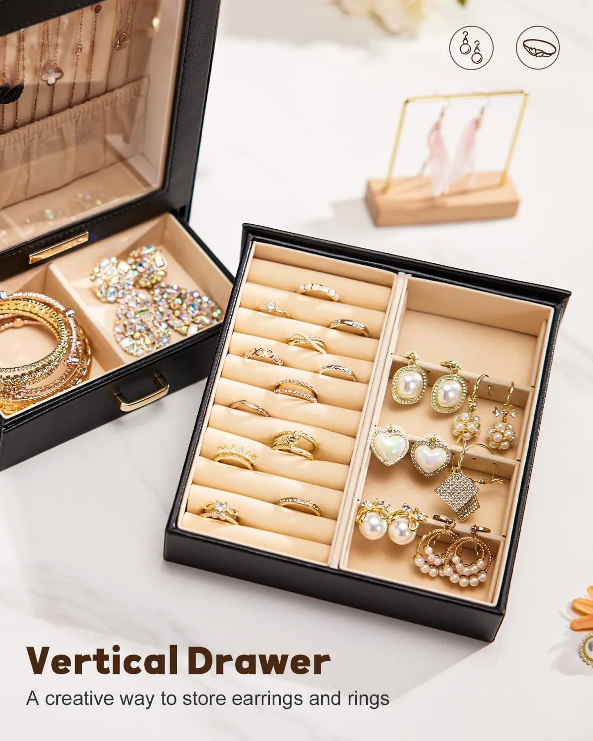 Homde Jewelry Organizer Girls Women Jewelry Box for Necklaces Rings Earrings Gift Bracelets Storage Case (Black   Gold)